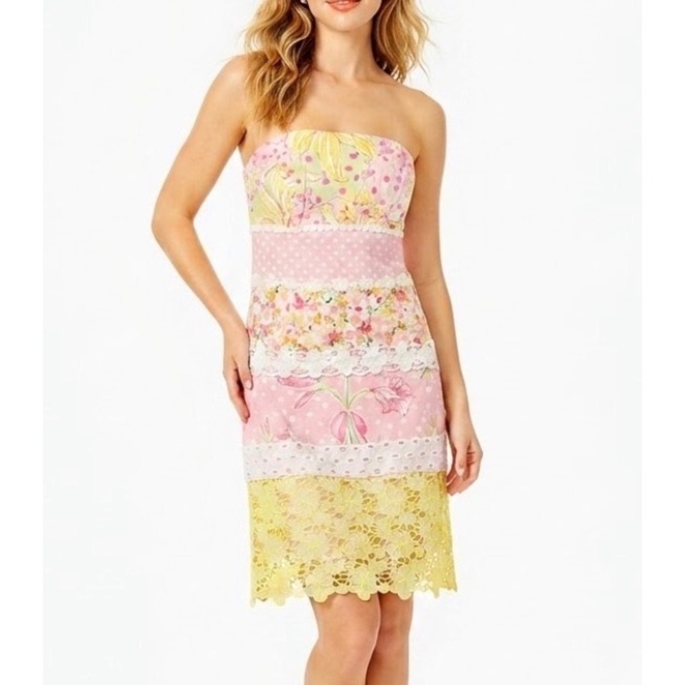 Lilly Pulitzer Strapless Patchwork Lace Eyelet Cotton Sheath Dress Pink Yellow 8